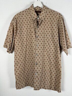 Tori Richard Mens Tan Geometric Leaf Diamond Print Cotton Lawn Aloha Shirt Large
